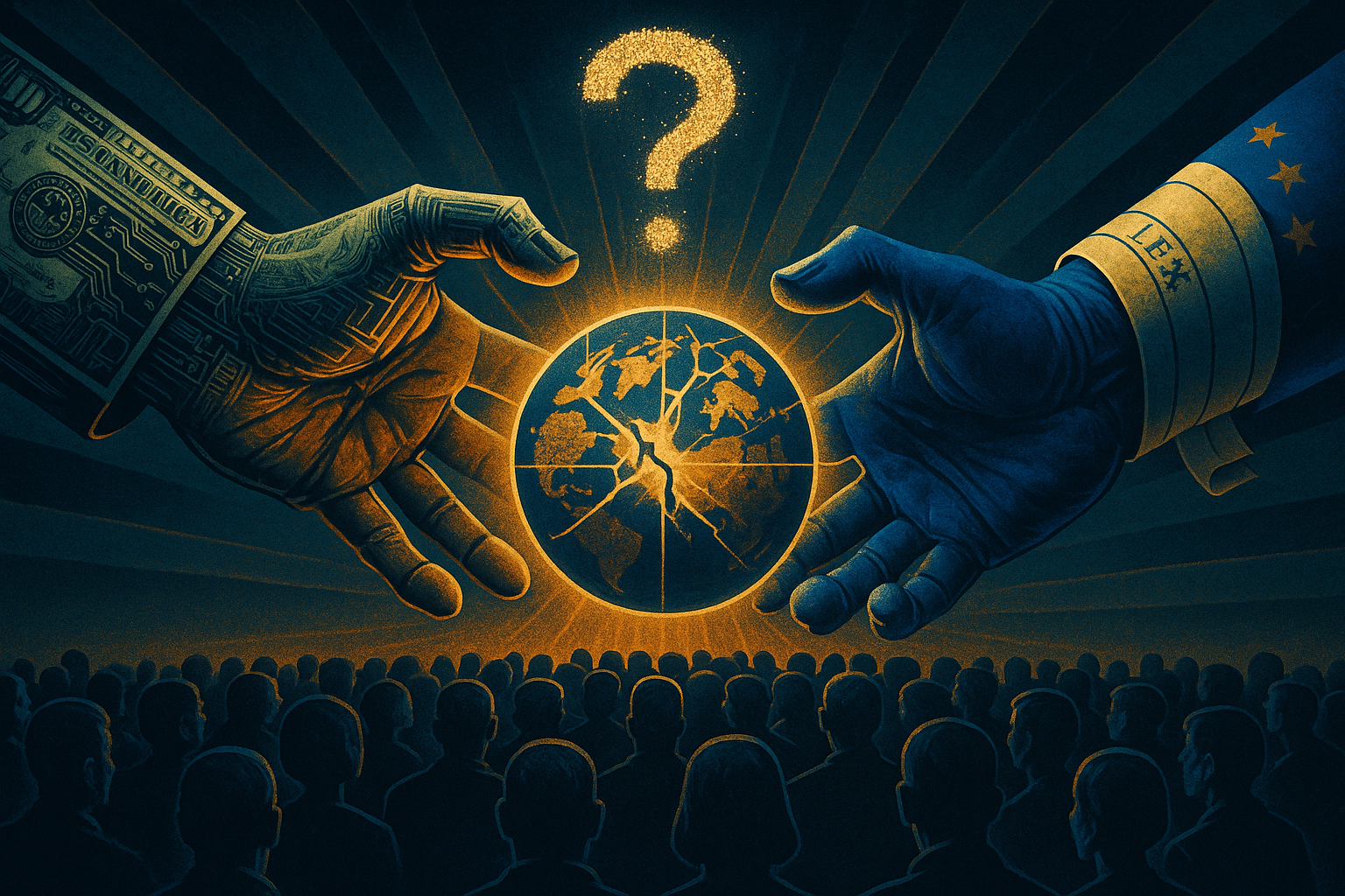 Two giant hands — corporate and regulatory — both crushing the orb of free speech