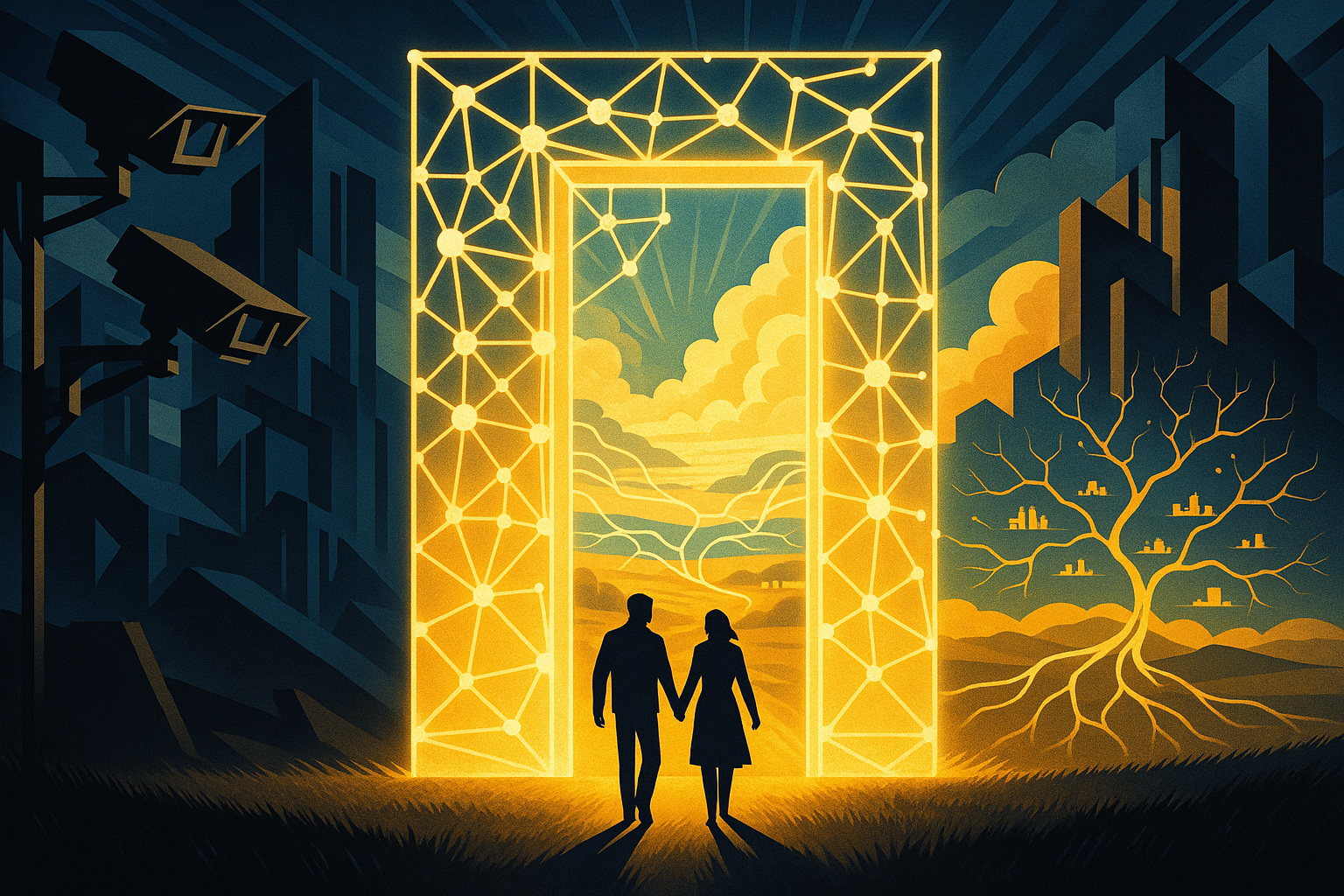 Two silhouettes walk toward a glowing doorway made of decentralized network nodes