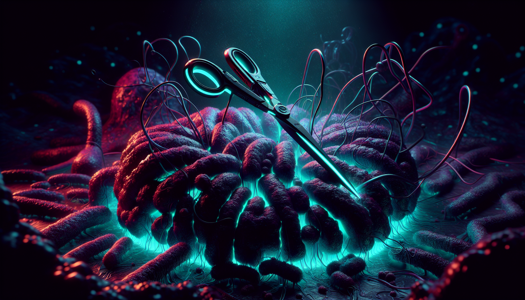 Sci-fi visualization of CRISPR molecular scissors cutting through a dense bacterial biofilm