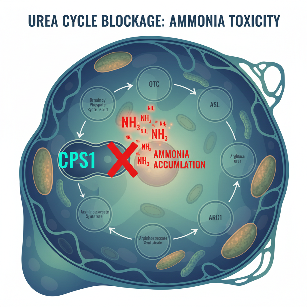 The urea cycle pathway. Diagram showing the five-enzyme cascade converting ammonia to urea in liver hepatocytes. CPS1 catalyzes the first and rate-limiting step, converting ammonia and bicarbonate to carbamoyl phosphate in the mitochondrial matrix. When CPS1 is absent or dysfunctional, ammonia accumulates systemically, with particular toxicity to the developing brain