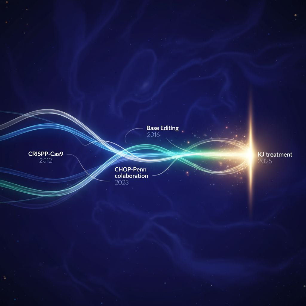 The convergence. Timeline showing the key milestones: the 2012 development of CRISPR-Cas9, the 2016 invention of base editing, the 2023 CHOP-Penn collaboration on personalized editing, and the February 2025 treatment of KJ. Two decades of foundational science compressed into six months of urgent clinical application