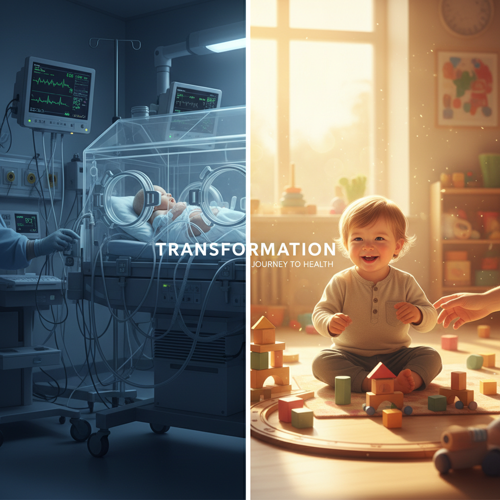 KJ at one year post-treatment. Split composition showing the clinical progression: left side depicts the constrained NICU environment (IV lines, restricted diet, constant monitoring); right side shows a thriving toddler walking and playing. Key metrics: increased dietary protein tolerance, reduced nitrogen-scavenger medication, stable ammonia levels during childhood illnesses