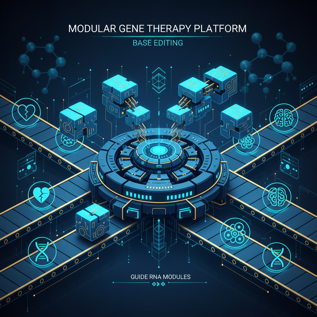 The modular platform concept. Diagram showing how the same base editing machinery and LNP delivery system can be adapted for different genetic diseases by swapping only the guide RNA component. One platform, many diseases: CPS1, OTC, ASS1, ASL, ARG1, and other urea cycle disorders, plus liver-centric diseases beyond the urea cycle