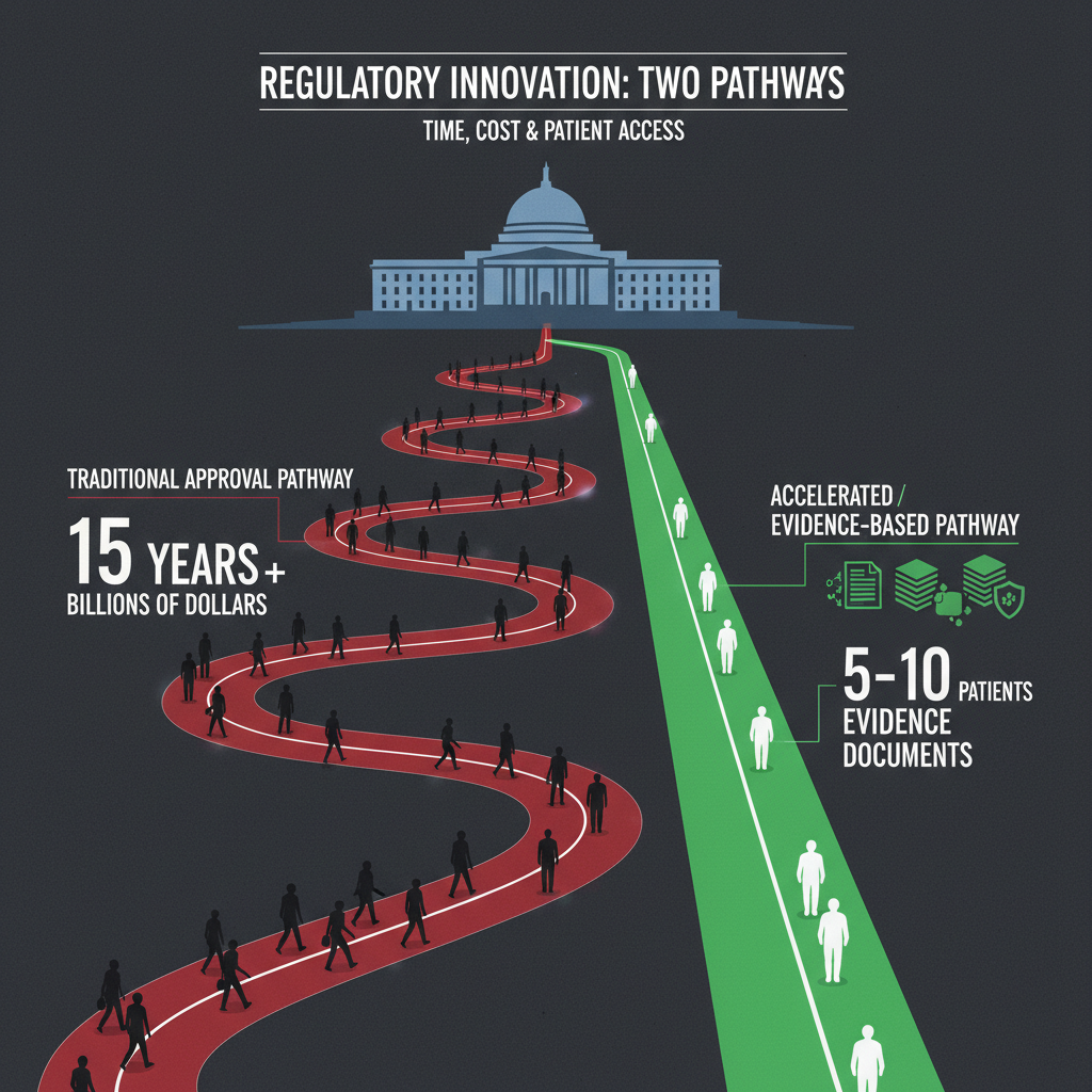 The regulatory shift. Visual comparison of the traditional drug approval pathway (left) requiring hundreds of patients, 10-15 years, and $2.6 billion average cost, versus the new Plausible Mechanism Pathway (right) allowing approval based on as few as 5-10 patients with mechanistic evidence. A paradigm shift from statistical power to biological plausibility