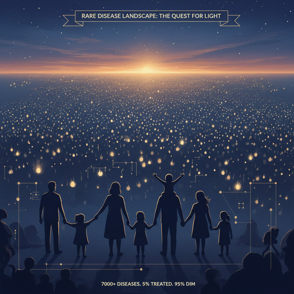 The rare disease landscape. Infographic showing: 7,000+ known rare diseases, ~80% genetic in origin, 30 million Americans affected, 95% with no FDA-approved treatment. Average diagnostic odyssey: 5-7 years. Families often become their own researchers, fundraisers, and advocates — a system that selects for wealth and access rather than medical need