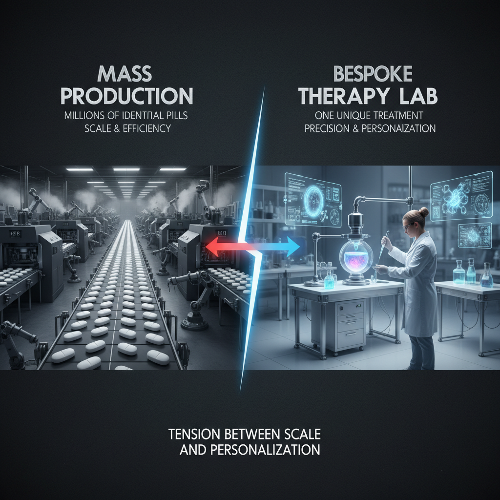 The manufacturing challenge. Diagram contrasting traditional pharmaceutical batch manufacturing (one drug, millions of units) with the bespoke therapy model (many unique drugs, one unit each). Key bottleneck: quality control and testing for each individualized product, which currently dominates production time and cost