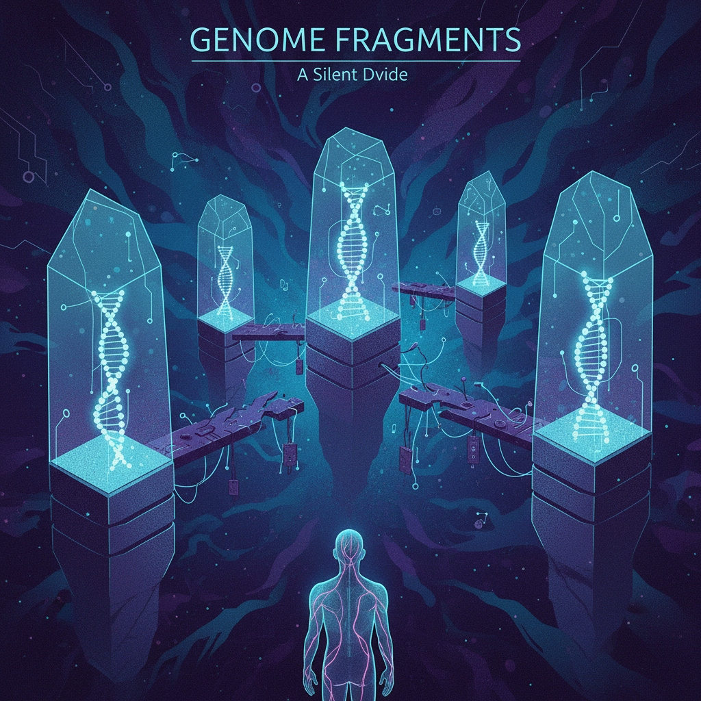 The genomic data challenge. Visual showing the fragmented landscape of genomic databases: isolated hospital systems, national databases with varying access policies, research repositories with inconsistent formats. Patient genomic data often exists in silos, slowing diagnosis and treatment design. The average rare disease diagnostic odyssey of 5-7 years is often a data problem, not a biology problem