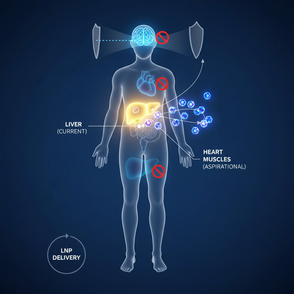 The organ challenge. Body map showing different organ targets for genetic diseases, with current LNP delivery technology achieving effective delivery primarily to the liver. Future challenges include crossing the blood-brain barrier (neurological diseases), targeting cardiac tissue (cardiomyopathies), and reaching skeletal muscle (muscular dystrophies). Each organ requires different delivery strategies