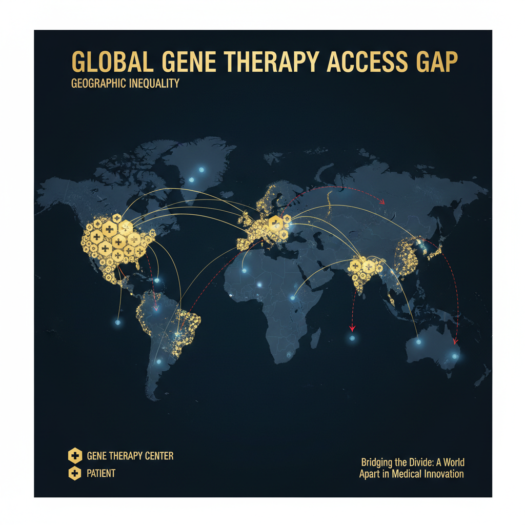 The access question. Global map highlighting the concentration of gene therapy centers (predominantly in North America, Western Europe, and East Asia) versus the distribution of rare disease patients (worldwide). The gap between therapeutic capability and patient access represents the defining equity challenge of personalized medicine