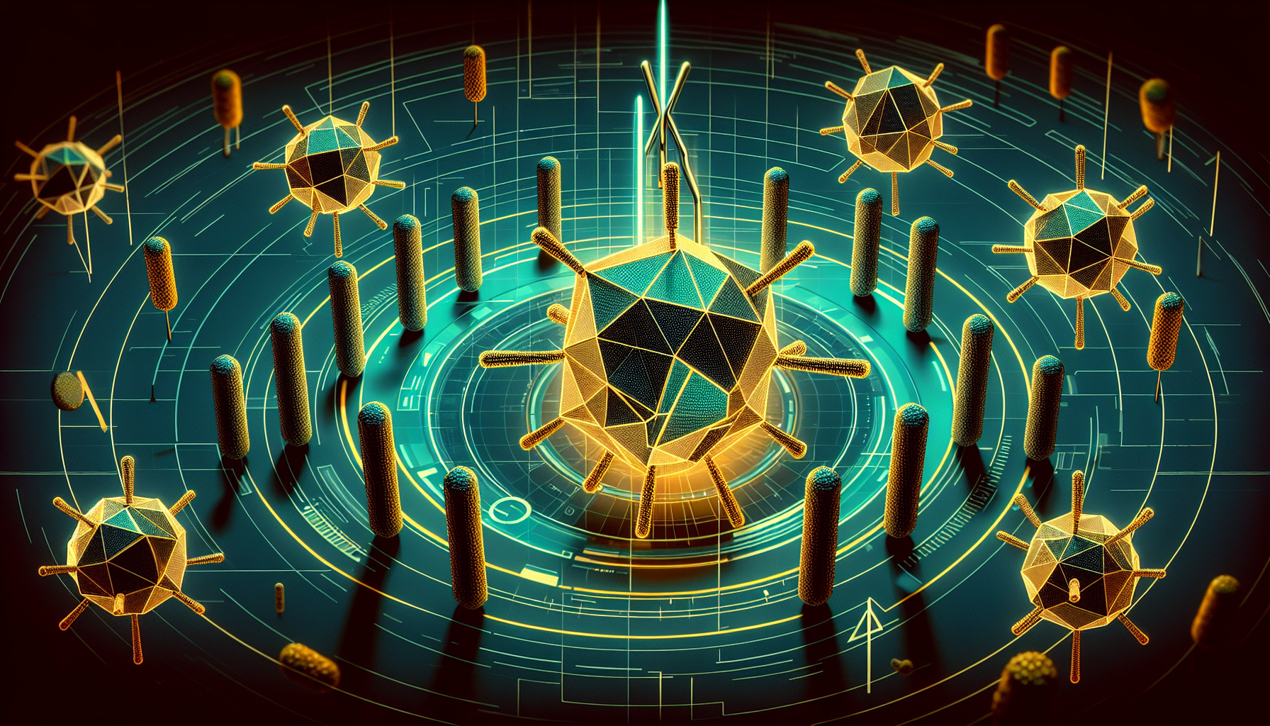 Bacteriophage viruses delivering genetic payloads to bacteria, rendered in gold and cyan cyberpunk aesthetic