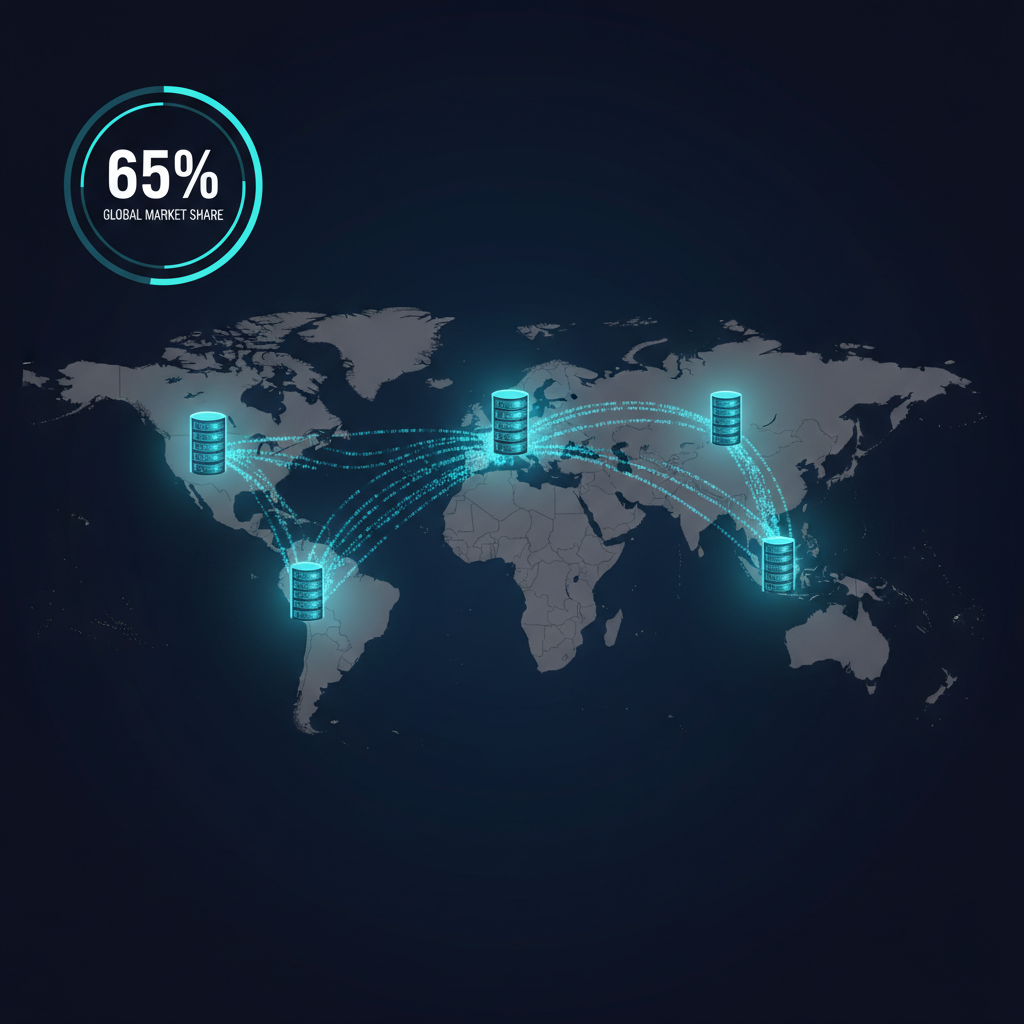 The geography of cloud dominance. World map showing the market share of the top three US cloud providers (AWS, Microsoft Azure, Google Cloud) across regions. Combined global market share exceeds 65%. In Africa and Southeast Asia, US providers control over 80% of enterprise cloud infrastructure. Data flows from the Global South to data centers concentrated in the US, Europe, and East Asia