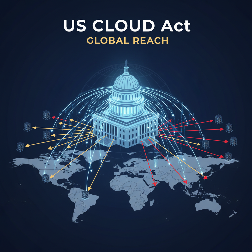 The CLOUD Act's global reach. Diagram showing how a US warrant can compel data stored in any country, bypassing local law. The Act enables 