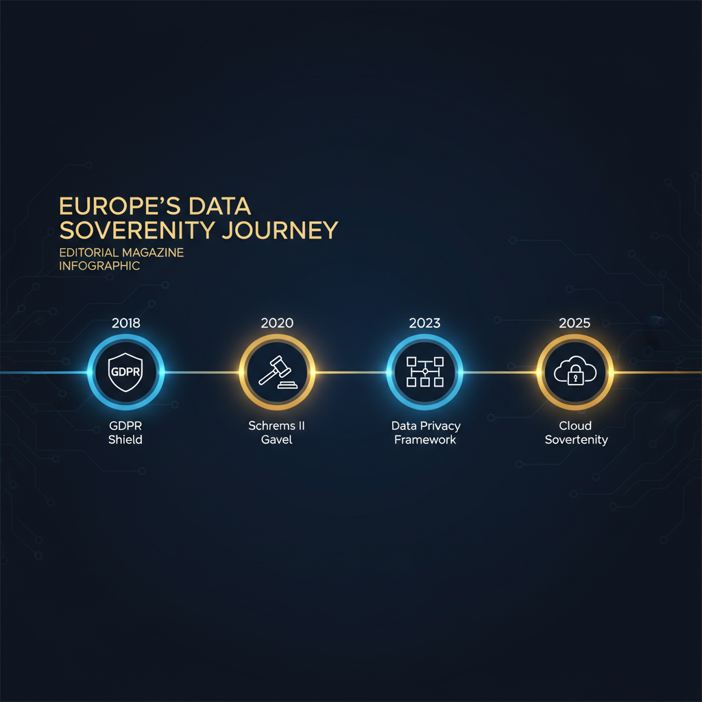 Europe's data sovereignty timeline. From the 2016 adoption of GDPR through the 2020 Schrems II decision (invalidating EU-US Privacy Shield), the 2023 EU-US Data Privacy Framework, the October 2025 Cloud Sovereignty Framework, and the €180M sovereign cloud procurement. Each step represents both an assertion of sovereignty and an acknowledgment that previous measures were insufficient