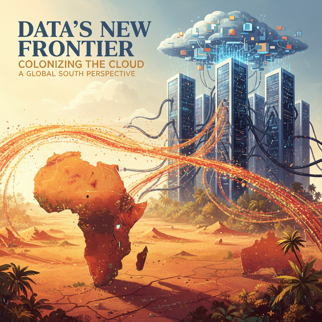 Data extraction from the Global South. Infographic showing the flow of data from Africa, Southeast Asia, and Latin America to US and Chinese data centers. Key examples: Facebook's Free Basics in Africa (criticized as digital colonialism for offering limited internet access through Facebook's ecosystem), Huawei's smart city infrastructure in 50+ African cities, and the near-total absence of local cloud providers with competitive scale