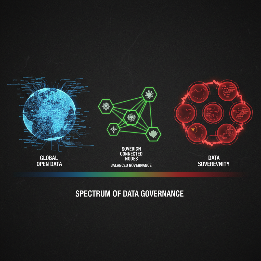 The fragmentation spectrum. Visual showing the spectrum from fully open data flows (favoring dominant platforms, reducing sovereignty) to fully localized data (protecting sovereignty, reducing efficiency and interoperability). Most nations are navigating a middle path, seeking sovereignty without isolation. The challenge: achieving genuine autonomy without losing the benefits of global information exchange