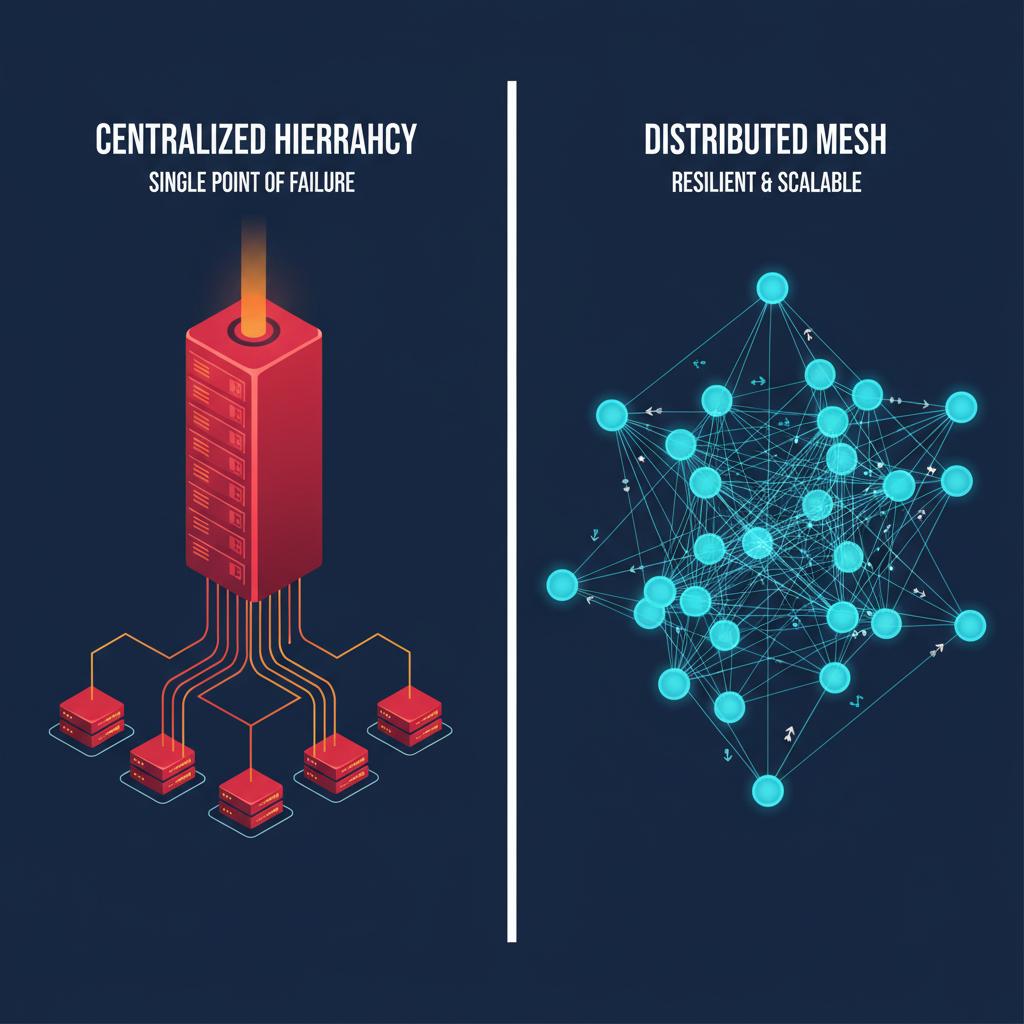 Centralized vs. decentralized data architectures. Side-by-side comparison: centralized model (all data on provider's servers, provider controls access, subject to provider's jurisdiction) versus decentralized model (data distributed across nodes, owner controls encryption keys and access permissions, no single jurisdictional chokepoint). The decentralized model aligns data control with data ownership rather than data location