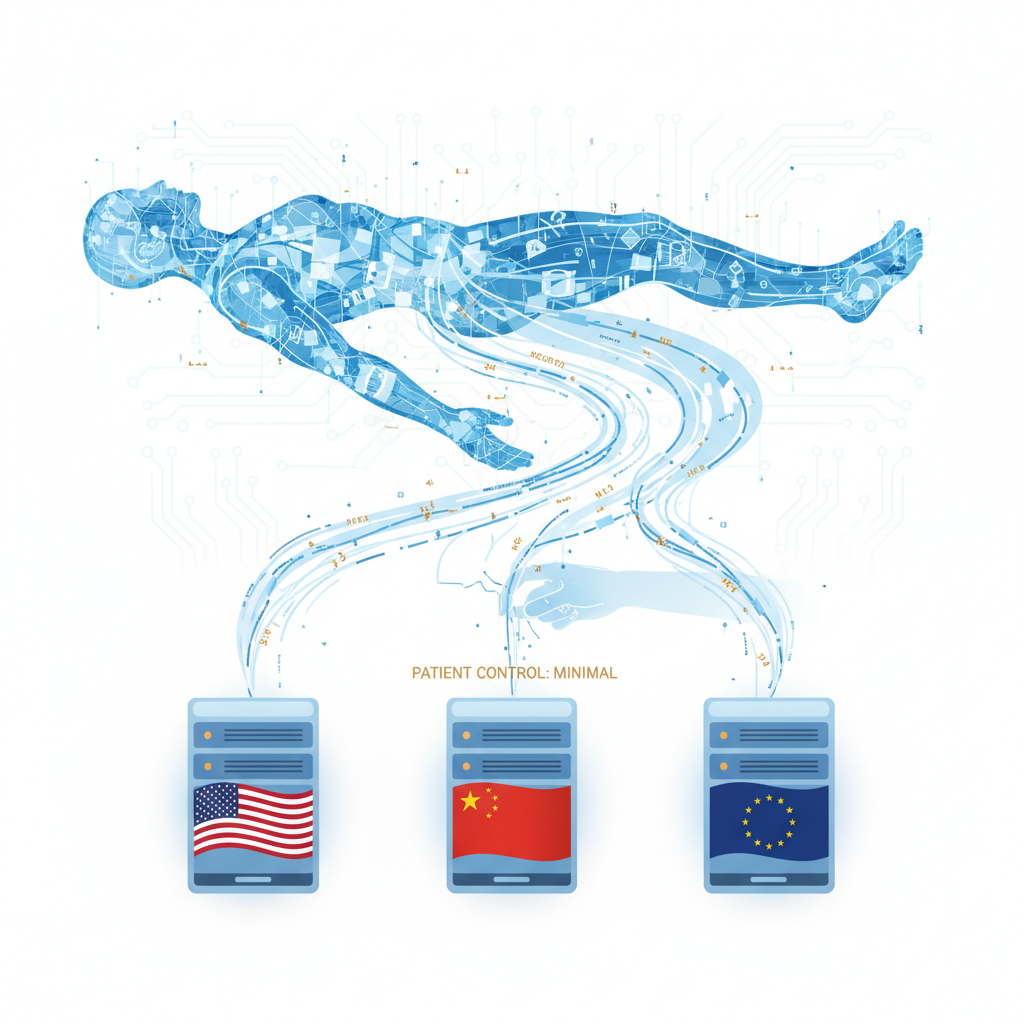 Healthcare data sovereignty. Diagram showing how a patient's medical data currently flows through multiple jurisdictions: electronic health records stored on US cloud platforms, genetic sequencing processed by services in the US or China, diagnostic AI models trained on data aggregated across borders. In each case, the patient has minimal visibility into or control over where their most sensitive information resides and who can access it