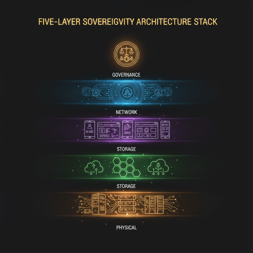 The sovereignty stack. Layered architecture diagram showing how sovereignty can be built into each level of the data infrastructure: physical layer (local data centers), network layer (encrypted, peer-to-peer transmission), storage layer (decentralized, redundant, jurisdictionally aware), application layer (user-controlled interfaces), and governance layer (democratic, transparent access policies). Each layer reinforces sovereignty without requiring isolation