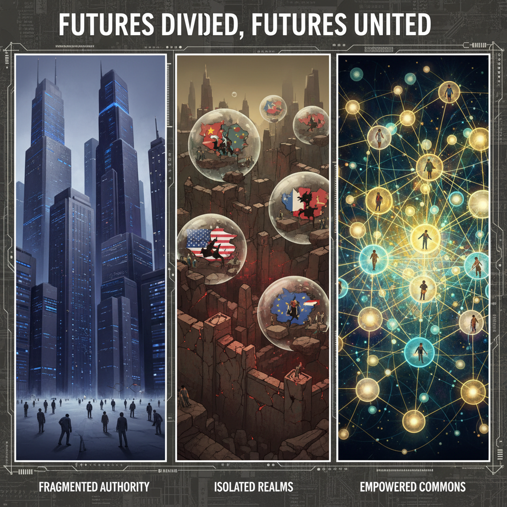 Three futures for data sovereignty. Triptych showing: (1) Continued US/China dominance — data flows remain concentrated through dominant platforms, sovereignty concerns managed through bilateral agreements, Global South remains dependent. (2) Fragmented balkanization — each nation builds sovereign silos, interoperability collapses, global digital services fragment along national borders. (3) Federated sovereignty — decentralized architectures enable data to flow globally while sovereignty remains with owners, a middle path achieving both connectivity and autonomy