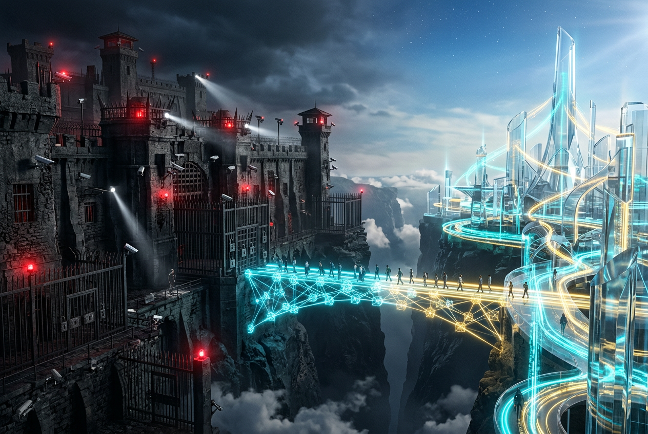 A bridge of light connecting a dark CEX fortress to a gleaming transparent DEX city