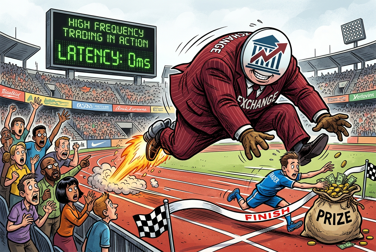 Front-running visualized as a race — the exchange with rocket boots leaps over a trader to grab the prize
