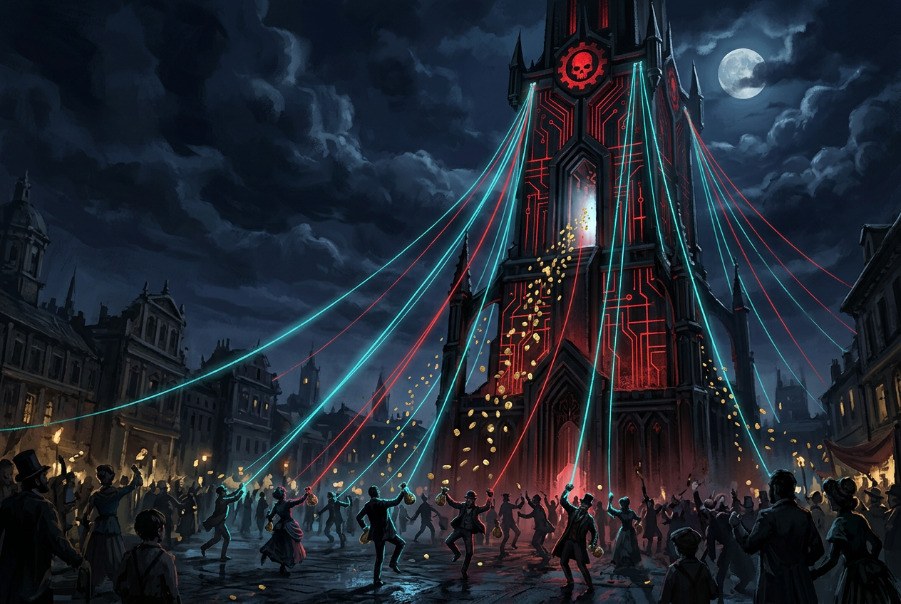 The Puppet Master — a dark exchange tower controls traders below with glowing strings