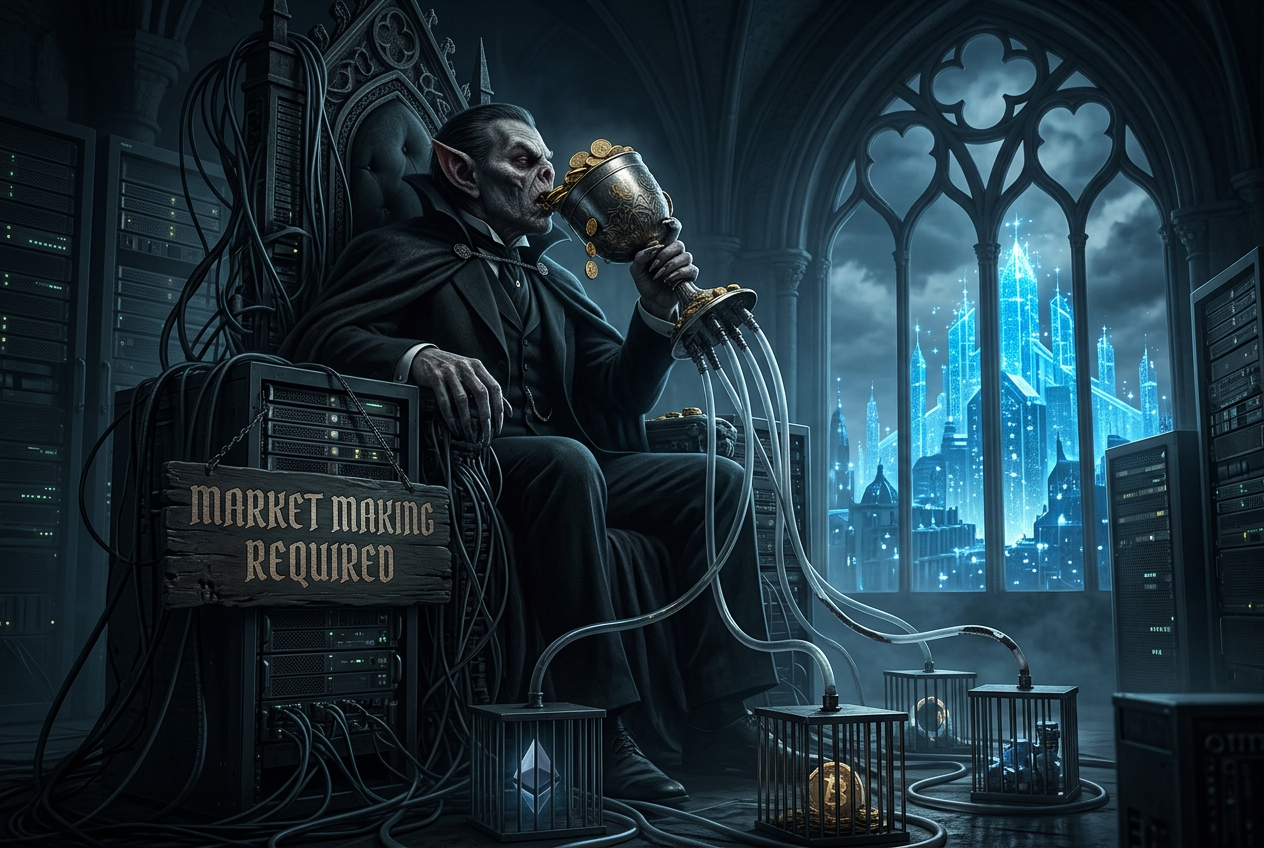 A vampire exchange in a server-rack throne drinking golden coins from projects trapped in cages