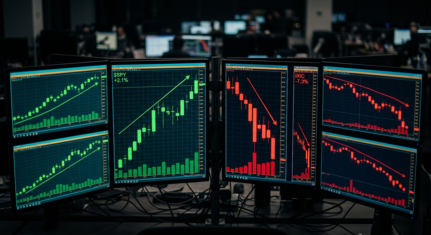 The moment of reversal — trading screens showing green spike followed by red crash