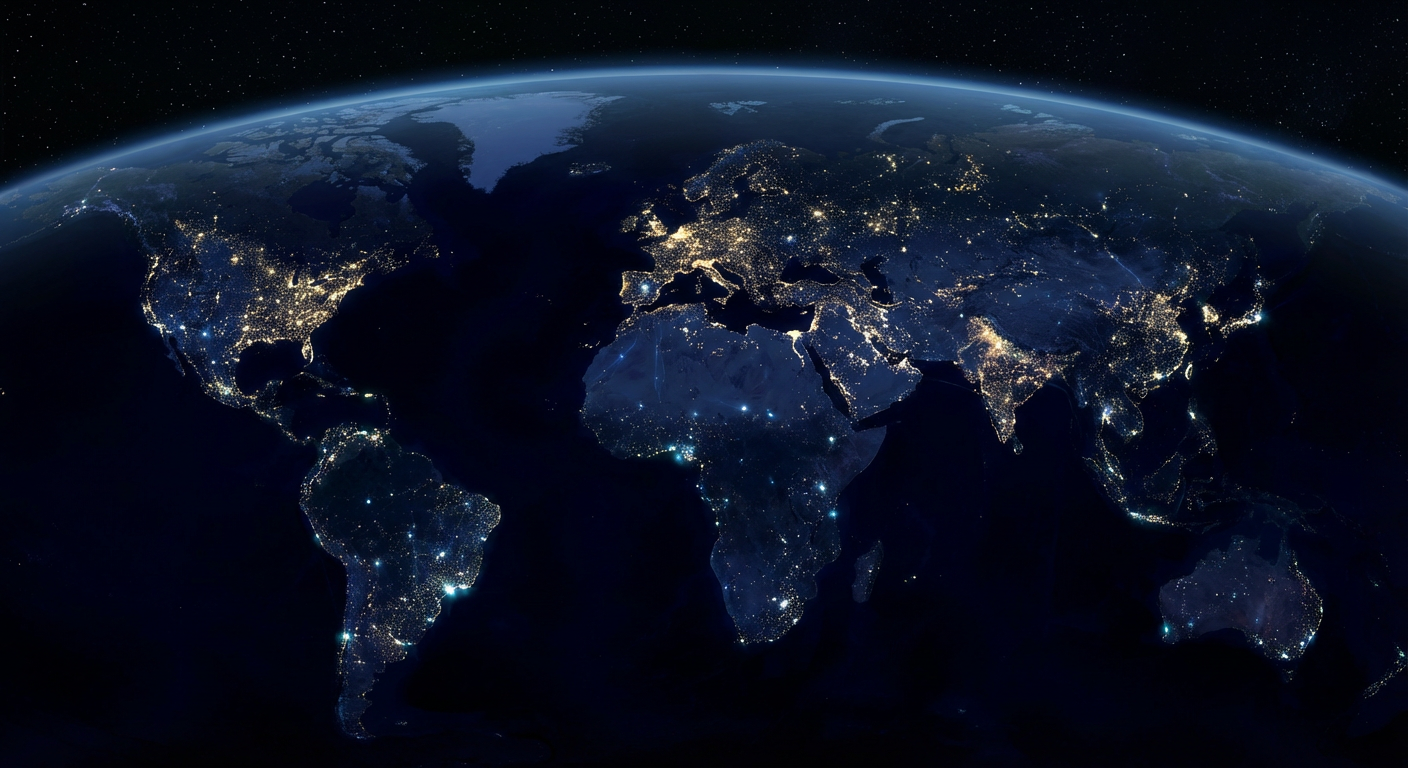 Global map showing thousands of distributed infrastructure nodes lighting up across continents, forming an interconnected decentralized network