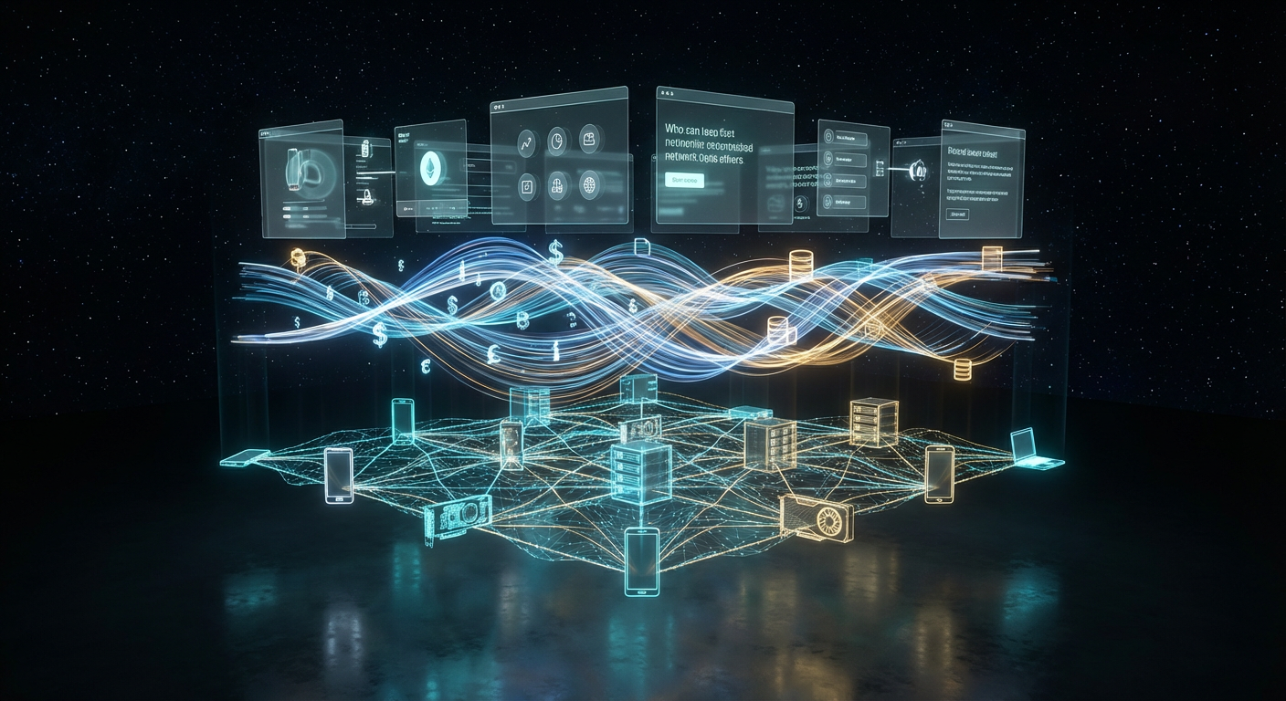 Abstract visualization of GRIDNET OS as connective tissue — a glowing software layer binding together distributed hardware nodes into a coherent, functional network