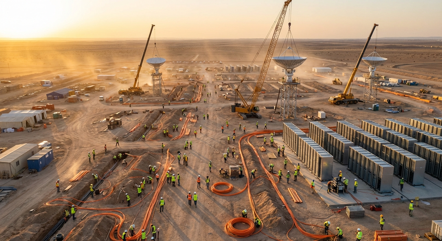 Aerial view of a massive civilizational-scale construction site at dawn — workers laying fiber optic cables and installing GPU server racks across a vast landscape, cranes lifting satellite dishes, golden light catching metallic surfaces