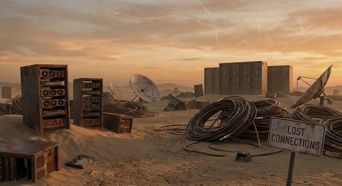 A vast junkyard of disconnected high-tech infrastructure — GPU server racks standing alone in a desert, fiber cables coiled uselessly, satellite dishes pointing in random directions, while faint golden coordination threads begin to appear in the sky above