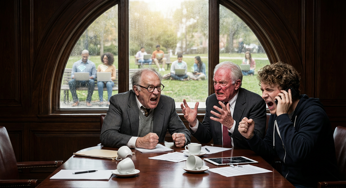 Satirical scene: three powerful businessmen — a nerdy tech mogul, an elderly investor, and a young curly-haired hoodie-wearing executive — furiously pounding a mahogany boardroom table as coffee spills and papers fly, while outside the window ordinary people calmly use decentralized apps