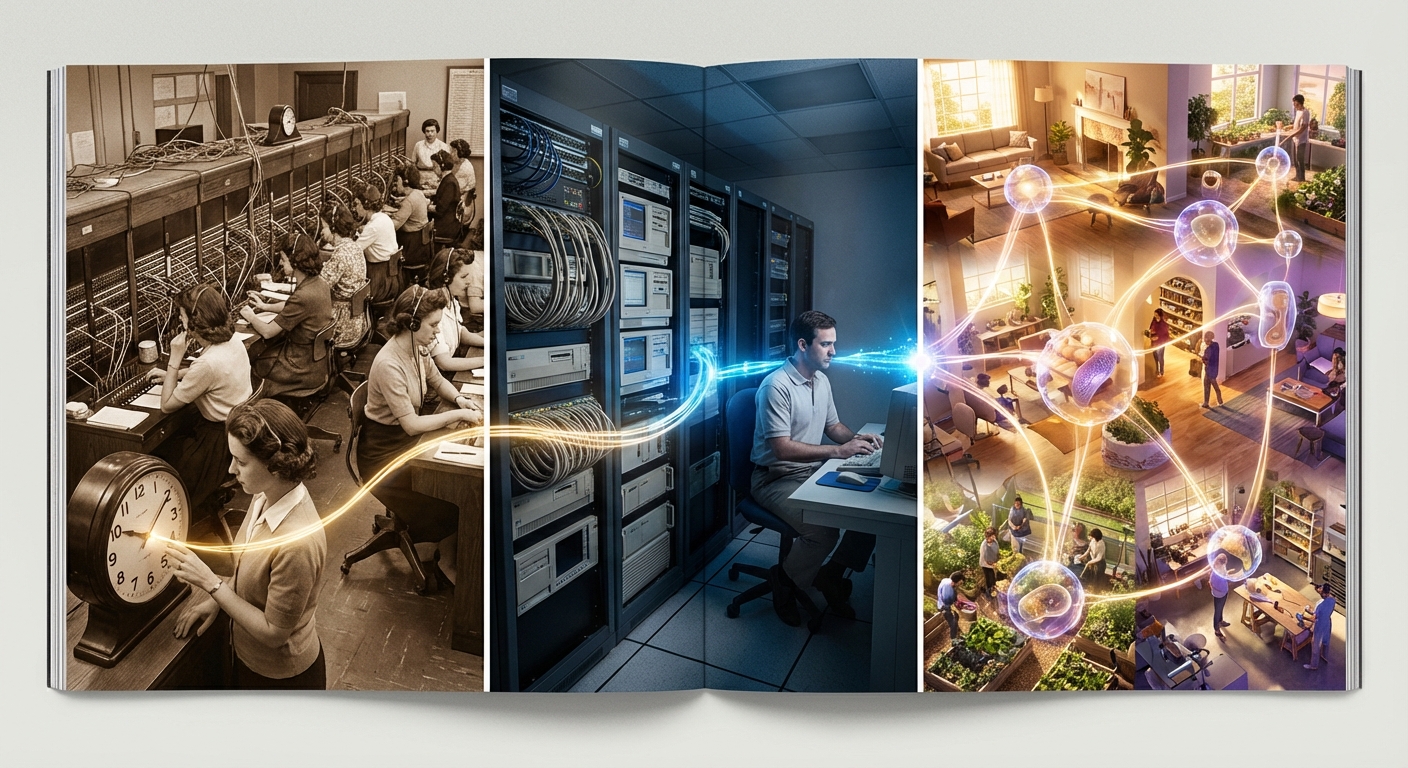 Triptych: left panel shows a 1950s telephone switchboard operator controlling all connections; center panel shows a 1990s server room with internet routers; right panel — glowing brightest — shows thousands of distributed nodes in homes and garages forming an organic mesh network