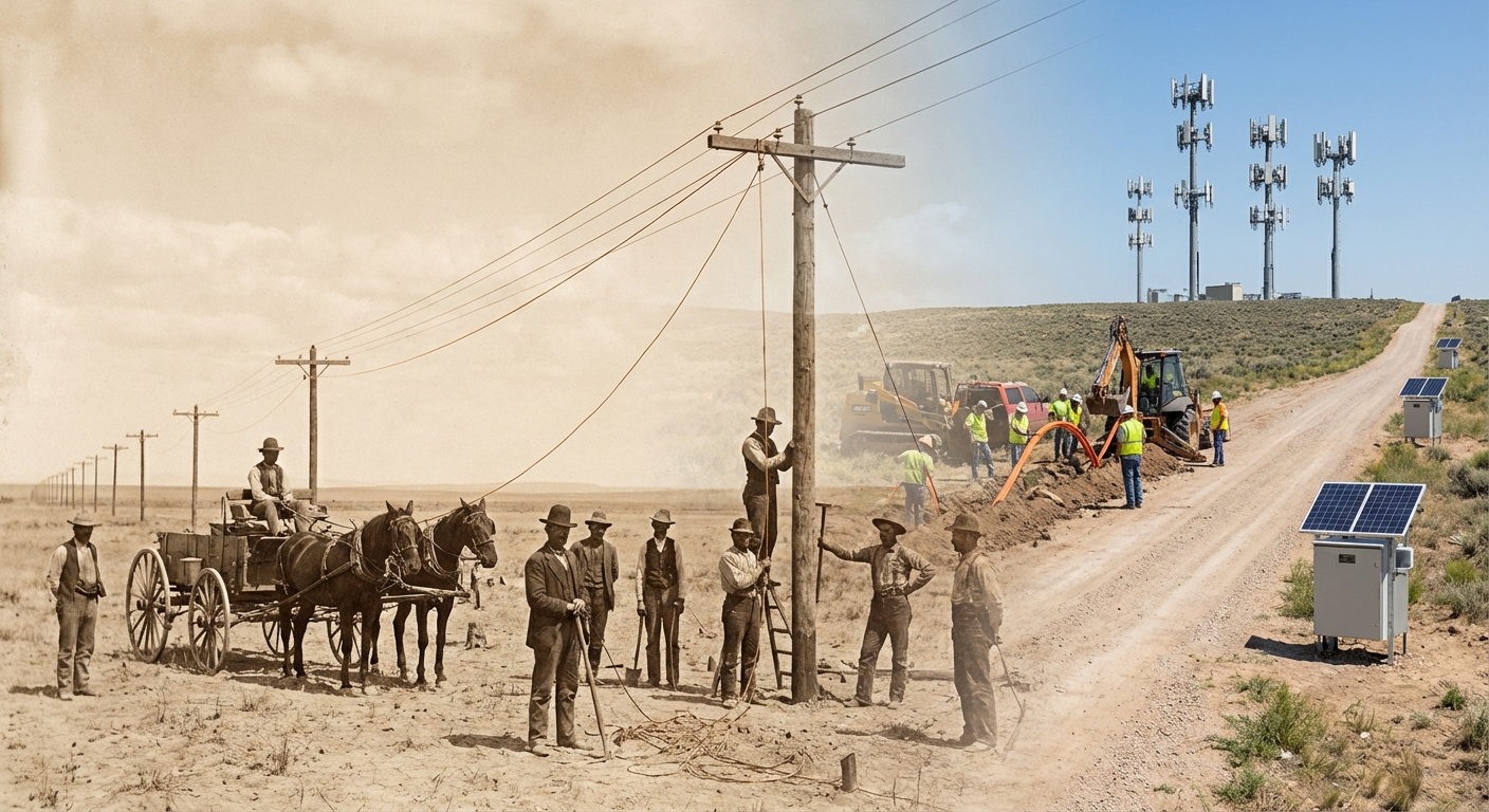 Double exposure comparing 1860s telegraph line construction with modern fiber optic cable being laid — wooden poles and copper wire bleeding into 5G towers and edge computing nodes across the same vast plains