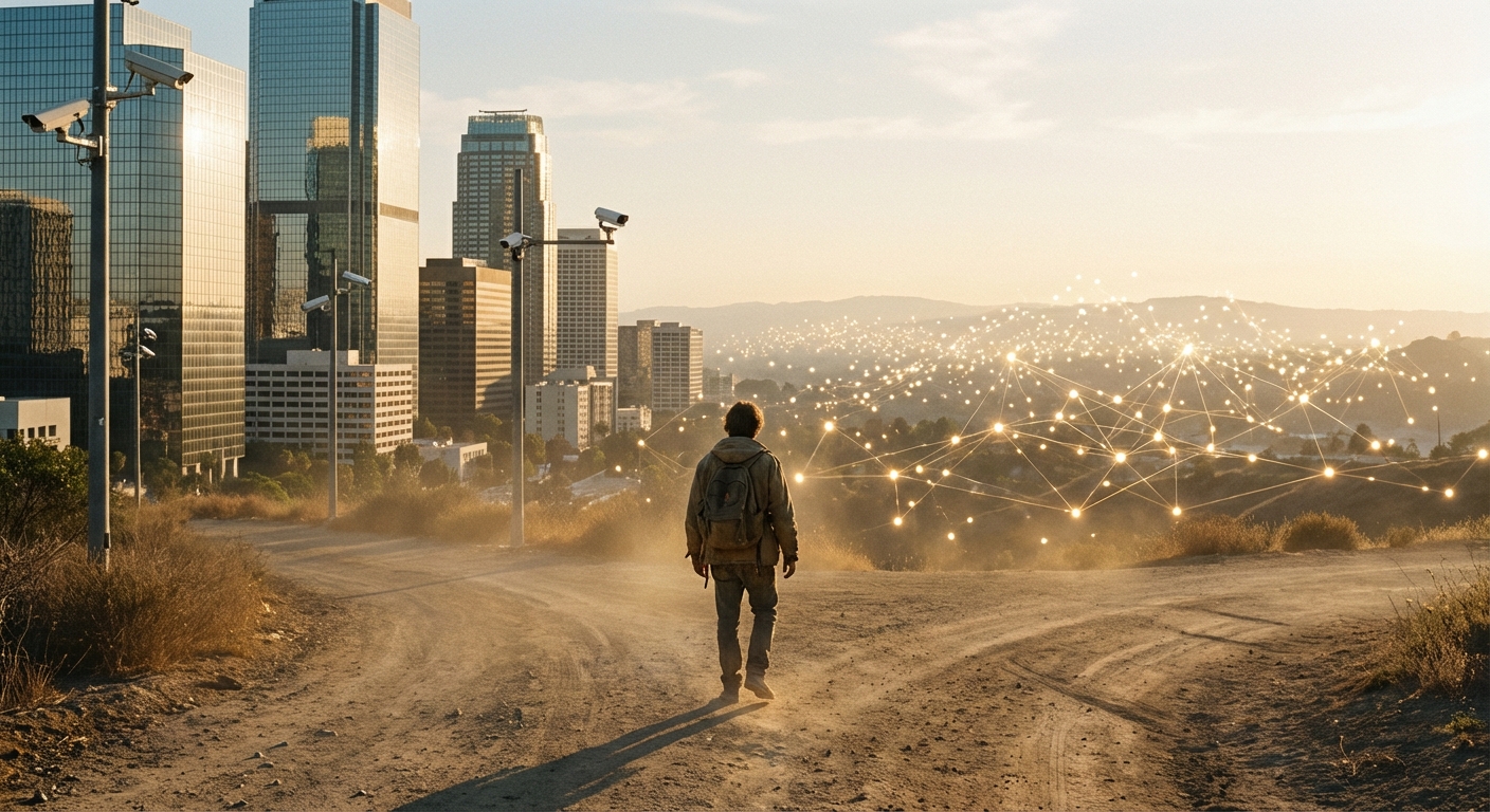 A massive golden birdcage made of credit cards and mortgage documents — the cage door open, luminous decentralized nodes pouring out into a dark cosmos forming a constellation of freedom