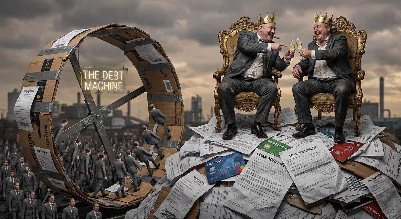 Three billionaires on golden thrones atop a mountain of consumer debt, laughing while workers march below on a hamster wheel of subscription receipts — grotesque satirical editorial illustration