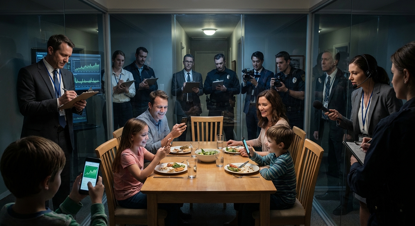A middle-class family smiles at phones at the dinner table, oblivious that their transparent house is surrounded by corporate executives, data brokers, and surveillance agents taking notes on clipboards — darkly satirical photorealistic illustration