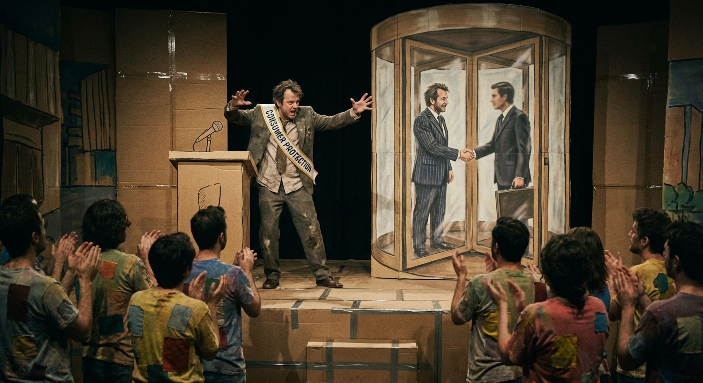 A politician at a podium speaks about consumer protection while the same politician simultaneously walks through a revolving door shaking hands with a bank CEO — the audience applauds wearing colorful branded patches — darkly satirical photorealistic editorial illustration