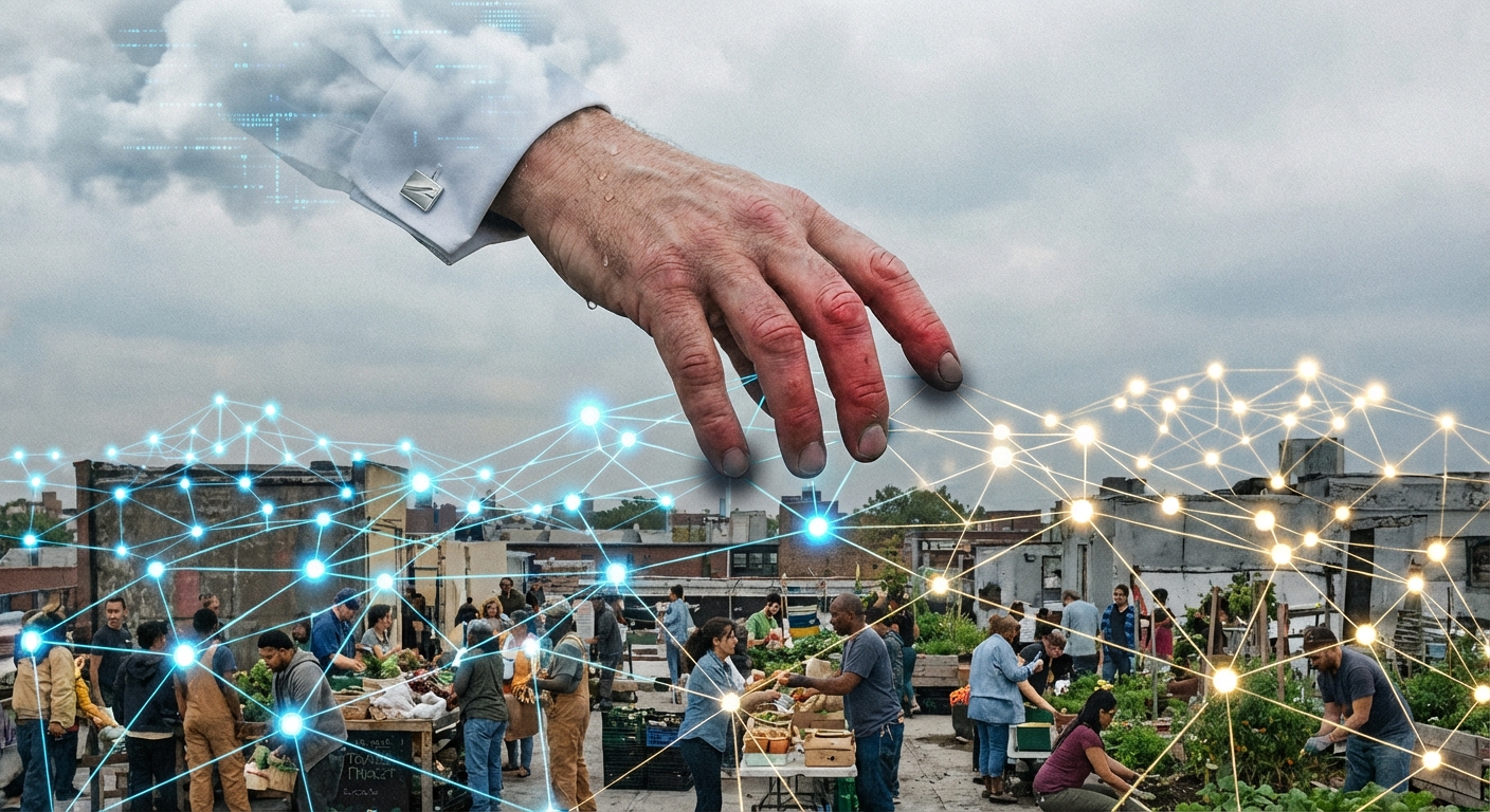 Satirical editorial: a giant corporate hand reaching down from a cloud server trying to grab a decentralized mesh network, but the mesh is too distributed — every node grabbed causes ten more to light up