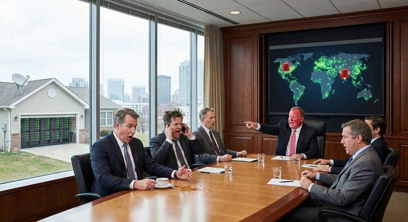 Satirical editorial: Big Tech boardroom executives staring in horror as a world map shows their data centers being replaced by thousands of decentralized nodes, while a suburban house with a garage GPU rack blinks green outside the window