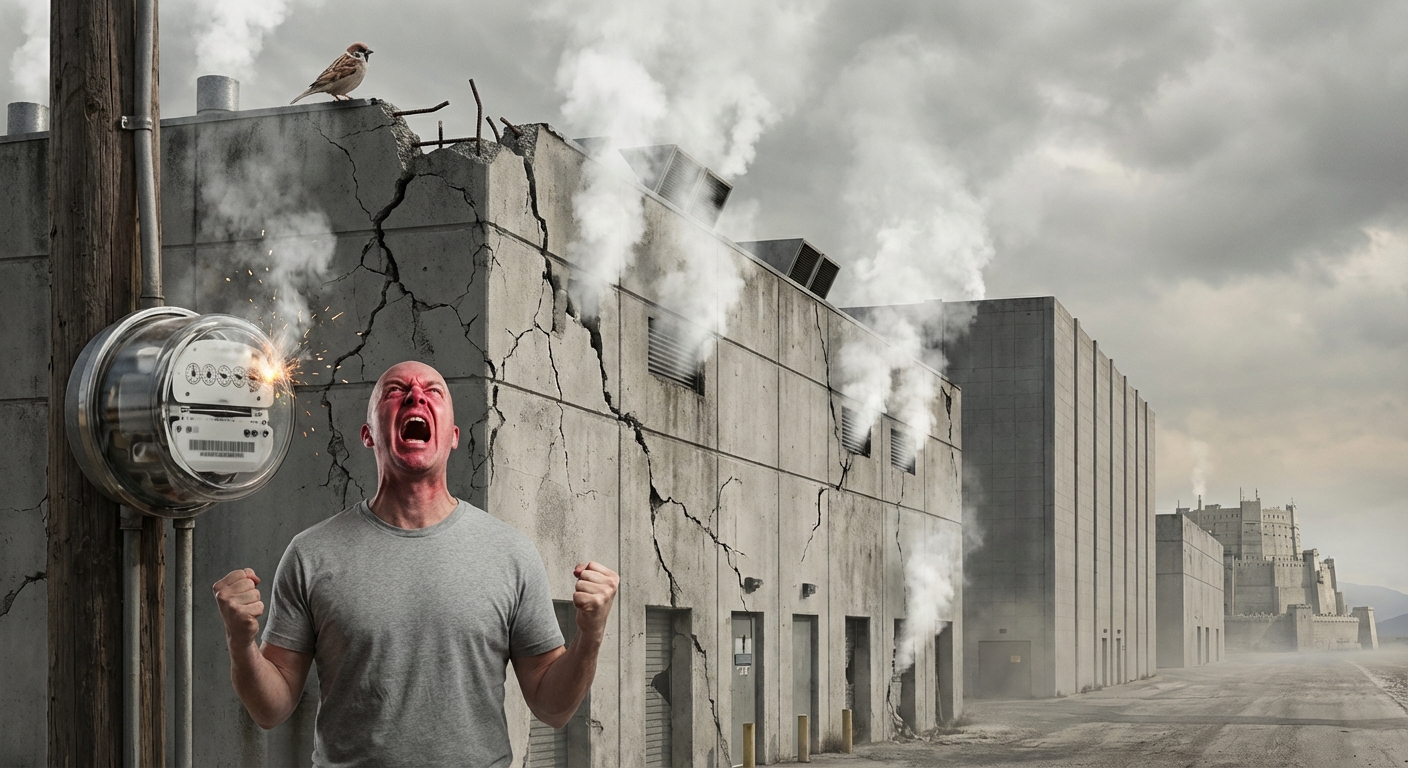 Satirical editorial: a tech CEO screaming at the sky as his data center cracks under its own weight, steam pouring from every vent, an endless queue of absurdly large data centers stretching to the horizon