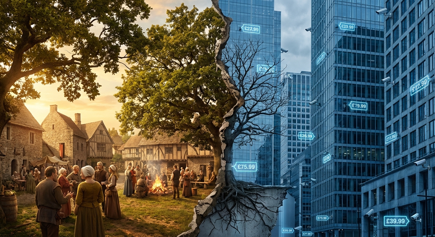 Ancient marketplace transforming into a corporate surveillance grid — the historical arc of control