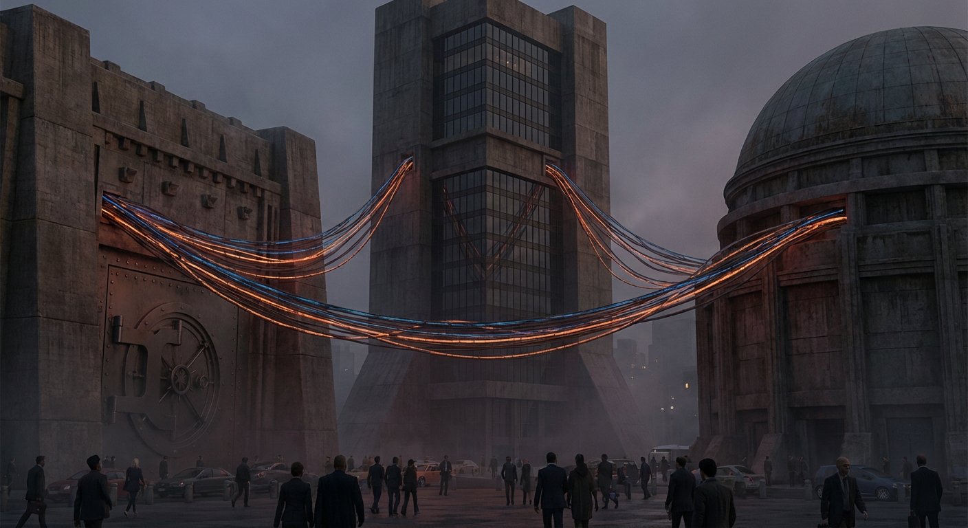 Geometric diagram of centralized power structures — government, corporate, financial nodes in a web