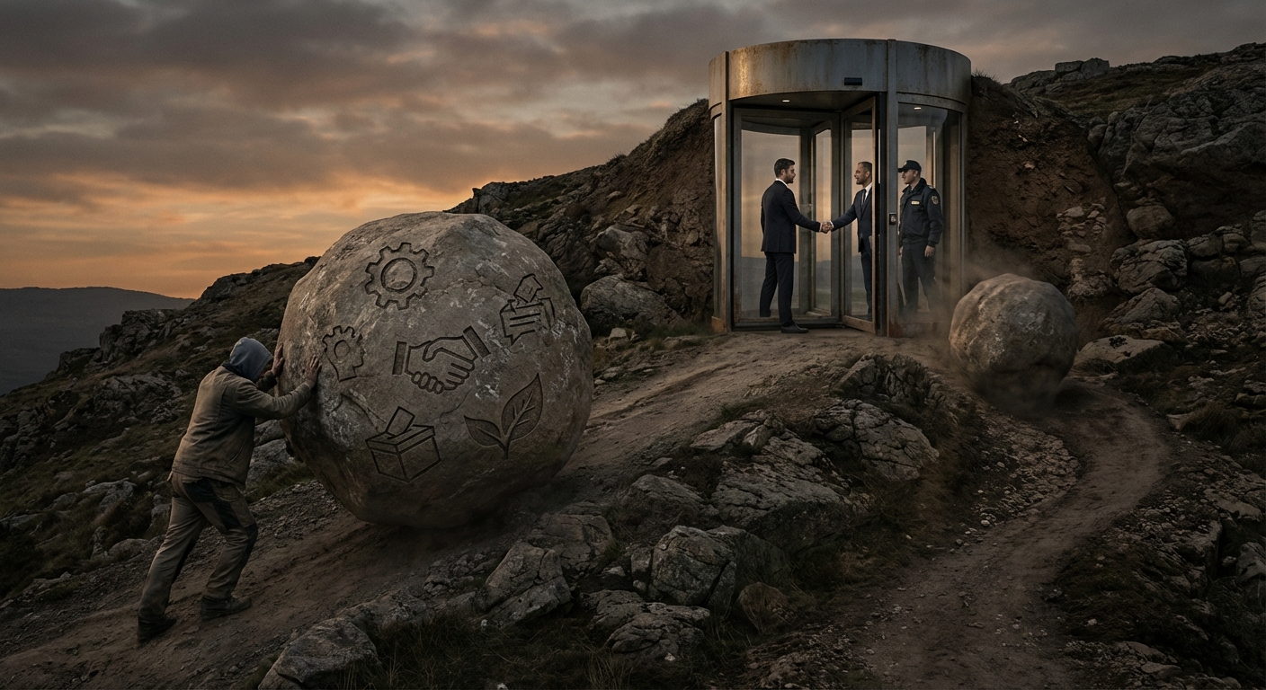 Sisyphean struggle of reform — a figure pushing the boulder of progressive legislation up a hill only to see it roll back through a revolving door of regulatory capture