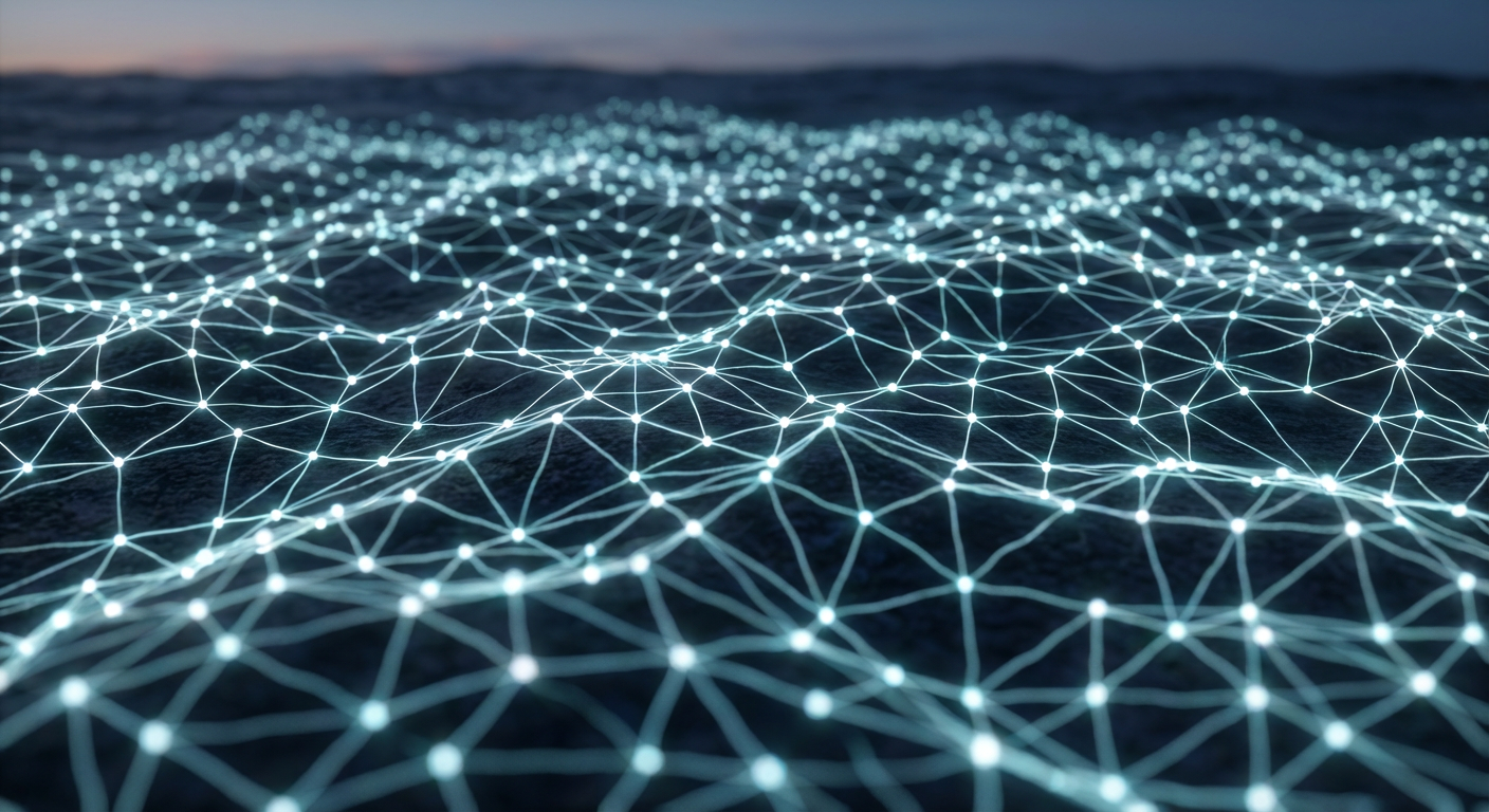 Clean geometric mesh network glowing with distributed nodes — peer-to-peer civilization infrastructure