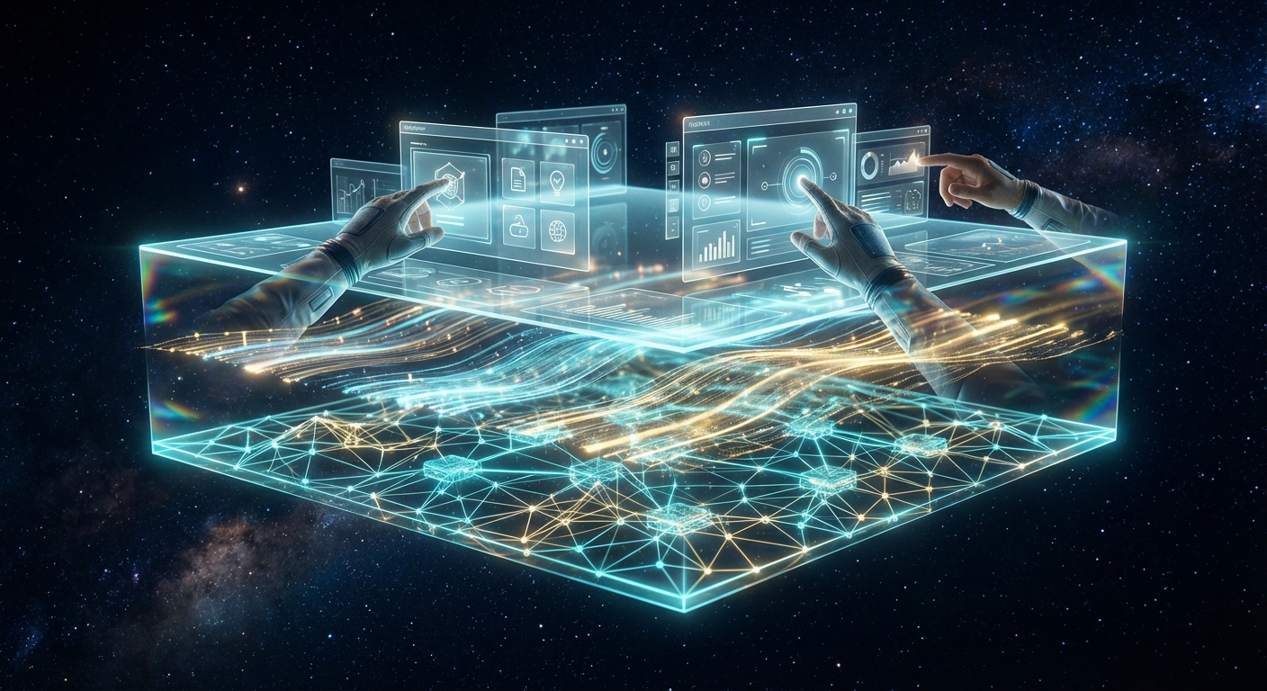 GRIDNET OS architecture — a flat peer-to-peer operating system mesh where every node is sovereign, no central kernel, cryptographic chains connecting equal nodes in deep space