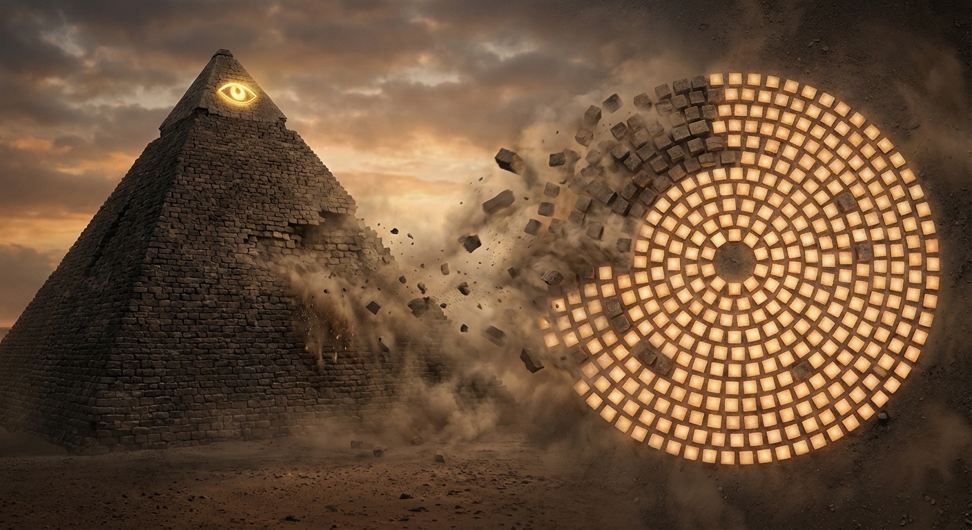 Social transformation diagram — hierarchical pyramid of power on the left transforming into a flat distributed network of equal nodes on the right, power redistribution visualized