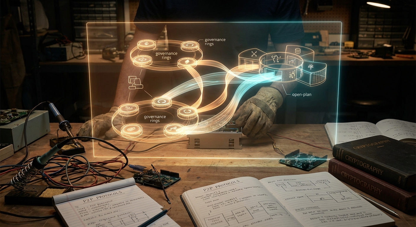 Blueprint of a new civilization — clean architectural lines, glowing nodes, distributed governance structure