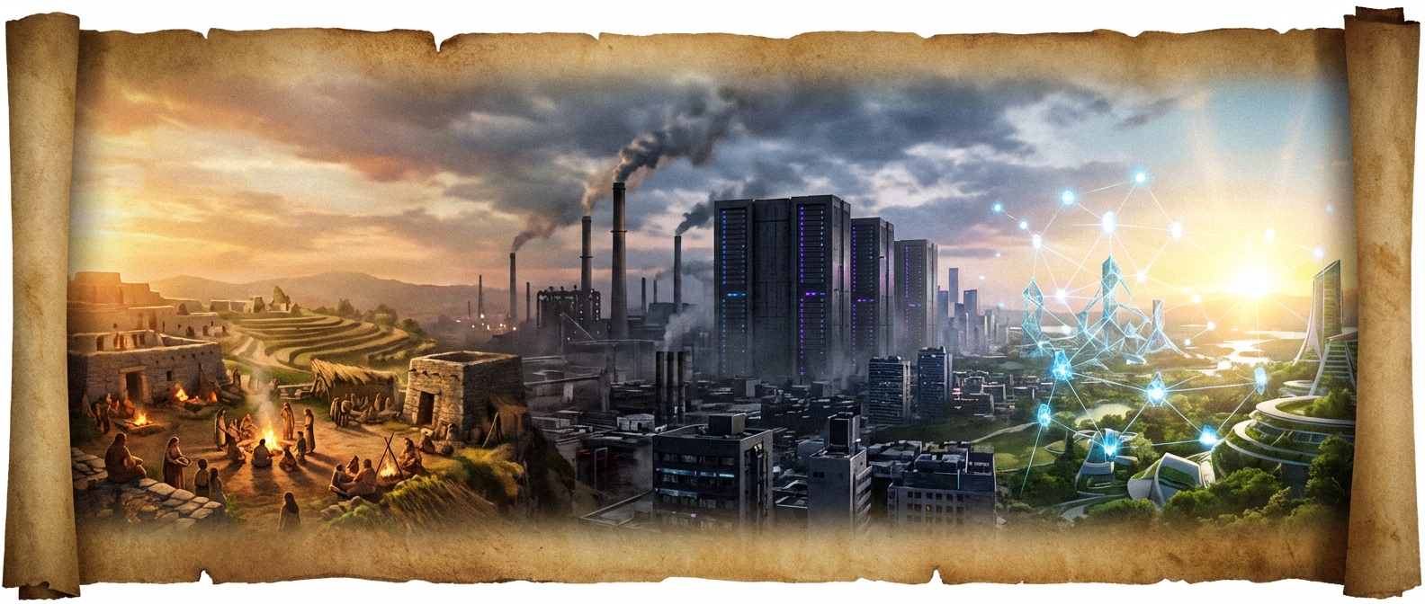 Cosmic civilizational timeline — from ancient commons in warm amber through the dark age of centralization to the glowing decentralized future network, the full arc of human social history